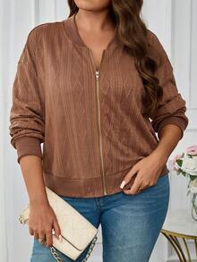 EMERY ROSE Chaqueta de béisbol casual con cremallera delantera, hombros caídos y textura geométrica para mujer de talla grande - Marrón - Ver 1