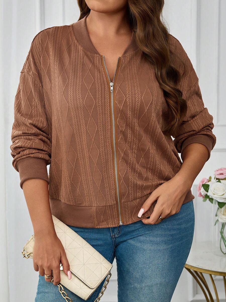 EMERY ROSE Chaqueta de béisbol casual con cremallera delantera, hombros caídos y textura geométrica para mujer de talla grande - Marrón - Ver 1