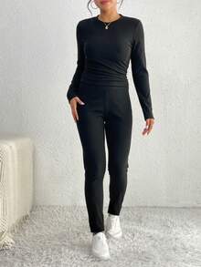 Chiquease Bộ đồ lót giữ nhiệt bằng vải nỉ dày màu trơn 2 món cho nữ (có lót giữ nhiệt), Thu/Đông, Bộ trang phục cho nữ - màu đen - Xem 6