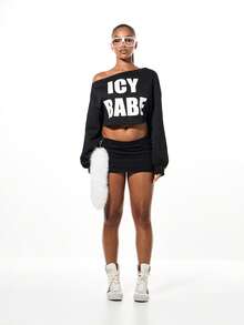 SUMWON WOMEN Sudadera corta con hombros descubiertos con estampado de "Icy Babe" - Suéter informal de manga larga para invierno - Negro - Ver 5