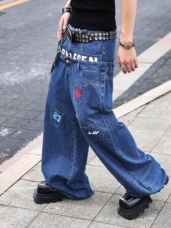 Street Life Jeans casual da uomo con vita doppia e gamba ampia, lavati