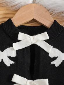 Elladie kids Chaquetas de niña Versátiles Nuevas chaquetas de punto de manga larga con patrón de lazo jacquard para niñas en otoño/invierno, decoración de lazo 3D, suéter de punto suelto y suave, adecuado para uso diario y ocasiones festivas - Negro - Ver 4