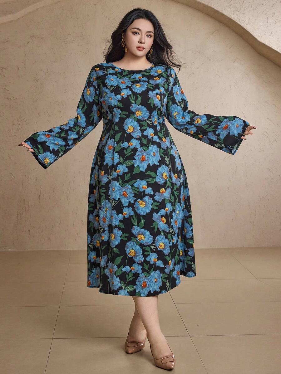 Dazy Plus Plus Size Women Floral Print Long Sleeve Dress, High-End Fitted Formal Gown Dress Boho - Blue - View 1