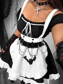 Whyspr Trang phục hầu gái Halloween cỡ lớn cho nữ dễ thương hình dơi ma cà rồng phù thủy màu cam Lolita - Đen và trắng - Xem 7