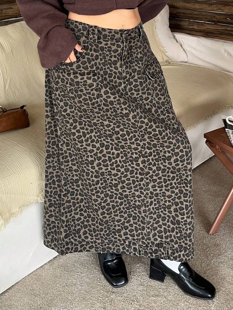 Dazy Plus Plus Size Women Leopard Print Casual Straight Pocket Denim Skirt, Spring/Autumn
