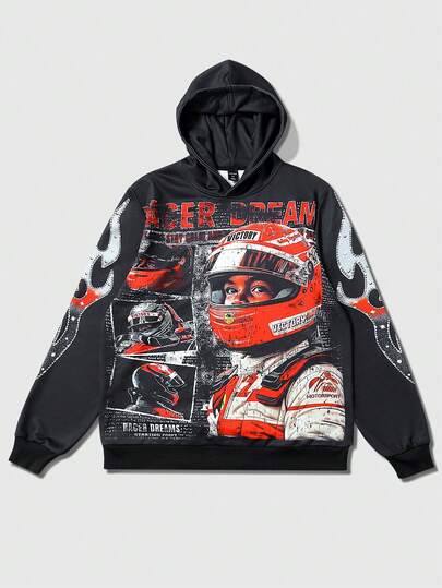 Men's Casual Long Sleeve Creative Portrait Graphic Hoodie, Fashionable Streetwear