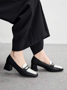 CUCCOO BIZCHIC 女士方头粗跟乐福鞋，百搭时尚，适合通勤 - 黑與白 - 查看 5