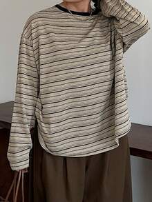 Dazy Plus Áo thun tay dài kẻ sọc rộng rãi, thoải mái, họa tiết chắp vá màu sắc cho nữ, mùa xuân/thu - Màu Khaki - Xem 8