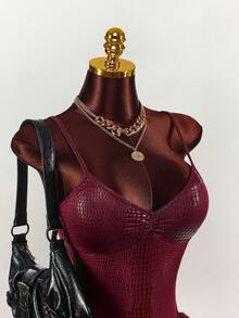 Y2K Amplova Luxury Evening Dresses For Women's Faux Crocodile Texture Camisole Jumpsuit And Fluffy Mini Skirt Sexy Fashion 2 Pieces Set ,Autumn/Winter Thanksgiving And New Year,Party Dresses For Women - Burgundy - View 6