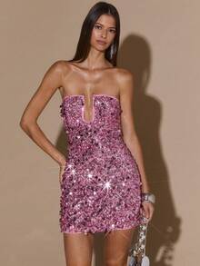 SHEIN BAE Women's Solid Color Sequin Strapless Sexy Glamorous Mini Dress - Pink - View 6