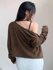 DAZY Bộ 2 áo crop top và áo khoác cardigan dáng dài màu nâu thời trang thu đông cho nữ - Cà phê nâu - Xem 7