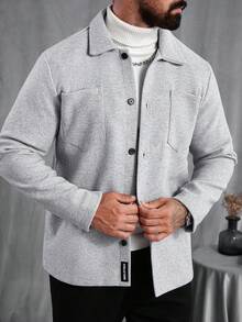 Manfinity CasualCool Jaket Kasual Pria Lengan Panjang Kancing Tunggal Warna Polos dengan Saku, Musim Gugur/Dingin - Light Grey - View 5