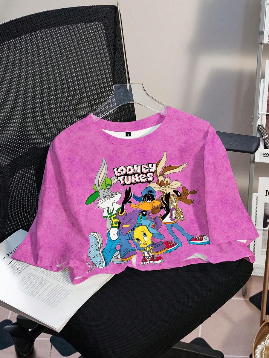 LOONEY TUNES X SHEIN Áo thun ngắn tay in chữ và hình động vật hoạt hình thường ngày dành cho nữ, mùa hè - trắng - Xem 1