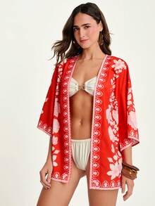 CAJUNI Women's Floral Print Open Front Loose Kimono Cover Up, Suitable For Summer Vacation,Christmas - Red and White - View 4