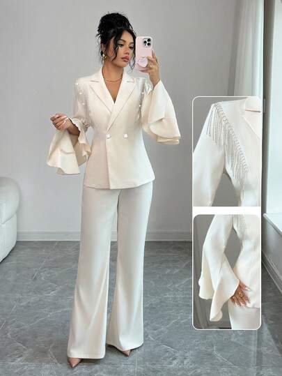 Rafferiza 女士优雅荷叶边袖流苏装饰双排扣长袖西装外套和阔腿裤套装