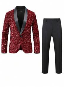 Manfinity AFTRDRK Bộ vest thời trang cổ khăn choàng tay dài có cầu vai sáng bóng cho nam - Màu Đỏ Sâu - Xem 3