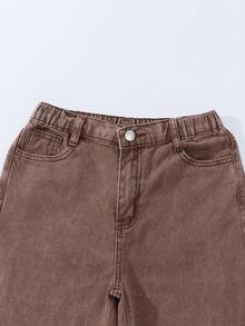 SHEIN ChillGRL Quần jeans ống đứng cạp chun có túi phẳng phong cách Y2K cho bé gái tuổi teen, quần jeans rộng màu nâu dễ thương, thích hợp mặc hàng ngày. - Cà phê nâu - Xem 4