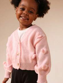 SUMWON Chaqueta de punto corta con botones rosa para niñas, con pompones en forma de corazón y mangas largas - Rosa Pálido - Ver 3