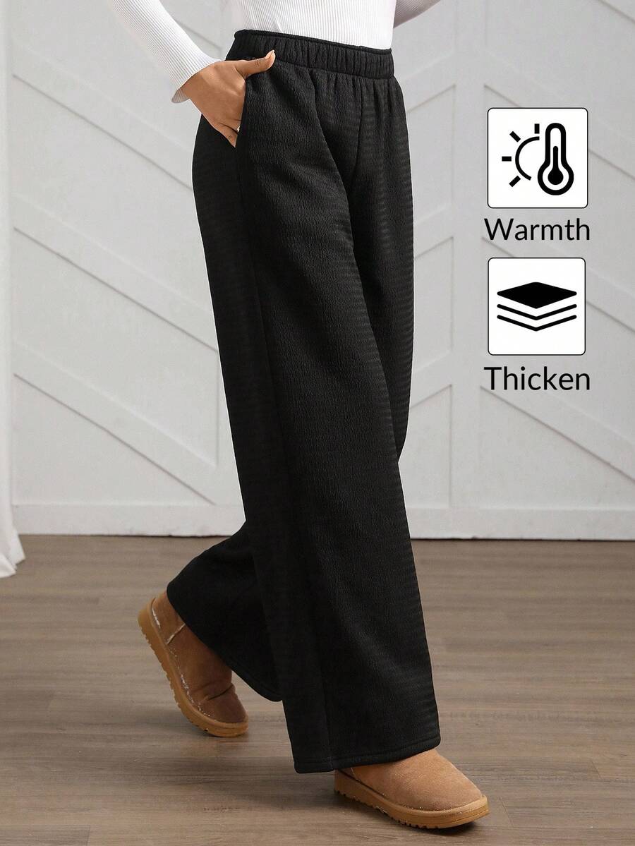 Easowa Women's Thermal Lined Straight Leg Pants With Pockets And Elastic Waistband, Black, Autumn/Winter Winter Women Clothes - Black - View 1