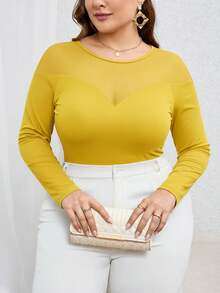 SHEIN Privé Plus Size Women Solid Color Round Neck Long Sleeve Mesh Patchwork T-Shirt/Winter - Yellow - View 3
