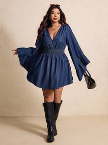 Elaquor French-Style Sexy Fitted Waist Ruffle Dress V-Neck Long Sleeve Dress Elegant Women's Clothing,Comfortable Lumbar Support Design - Dark Wash - View 4