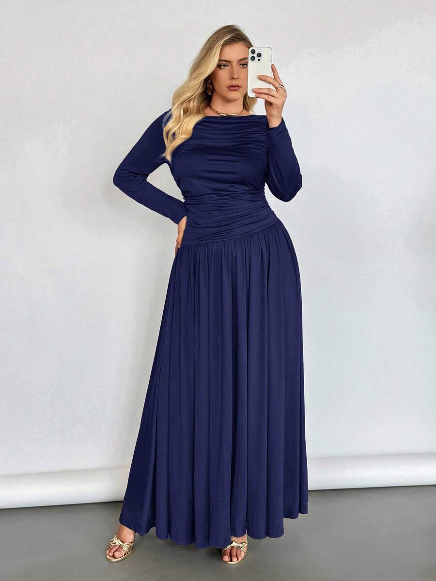 Auralis 大码长裙，秋季连衣裙，长袖连衣裙，高弹舒适连衣裙秋季女装秋季优雅女士连衣裙女士秋季连衣裙端庄端庄连衣裙 - 藏蓝色 - 查看 1