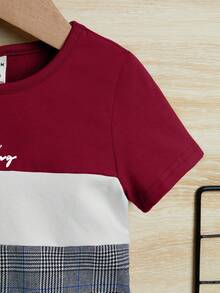 TaviRue 男婴夏季休闲拼色格子T恤和短裤套装 - 酒紅色 - 查看 5