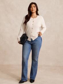 Nubod 大码休闲纯色金色纽扣波浪领长袖开衫 - 杏色 - 查看 5