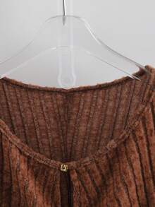 GlowEve CURVE Plus Size Women Casual Versatile Striped Knit Crew Neck Long Sleeve Ruched Waist Slit Top - Brown - View 4