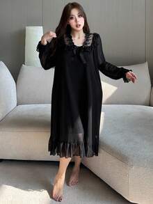 Dazy Plus 大码女士优雅宽松长款雪纺蕾丝边睡裙，冬季，宽松睡衣 - 黑色 - 查看 1