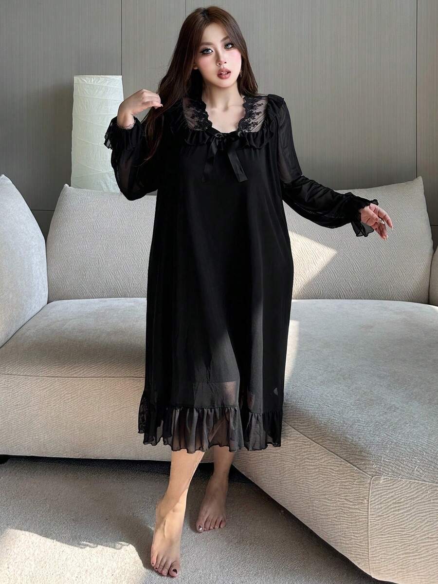 Dazy Plus 大码女士优雅宽松长款雪纺蕾丝边睡裙，冬季，宽松睡衣 - 黑色 - 查看 1