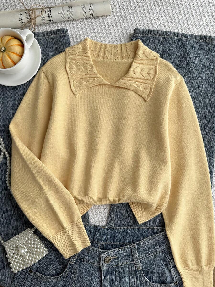 SHEIN 秋冬款青少年女童休闲宽松翻领长袖毛衣 - 黃色 - 查看 1