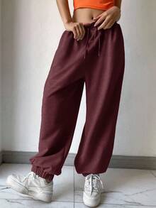 DAZY Women's Loose Drawstring Waist Ankle Cuffed Long Sweatpants Y2k - Burgundy - View 3