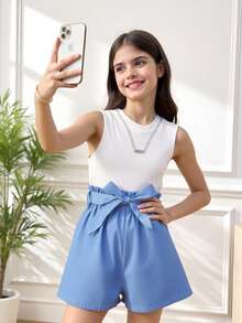 SHEIN Tween Girl Solid Color Vest And Shorts 2pcs/Set