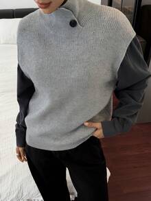 Livesso Women's Loose Business Casual Stylish Street Color Block Patchwork Twist Collar Knit Sweater, Autumn/Winter