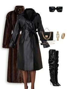 Ellevyn Women's Classic PU Leather Long Trench Coat With Faux Fur Collar, Autumn  Winter Clothes For Women   Fall Clothes For Women   Plush Autumn And Winter Cotton-Padded Jacket With Long Insulation - Black - View 2