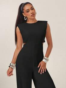 Vixey Fashionable Commuter Solid Color Sleeveless Jumpsuit - Black - View 4