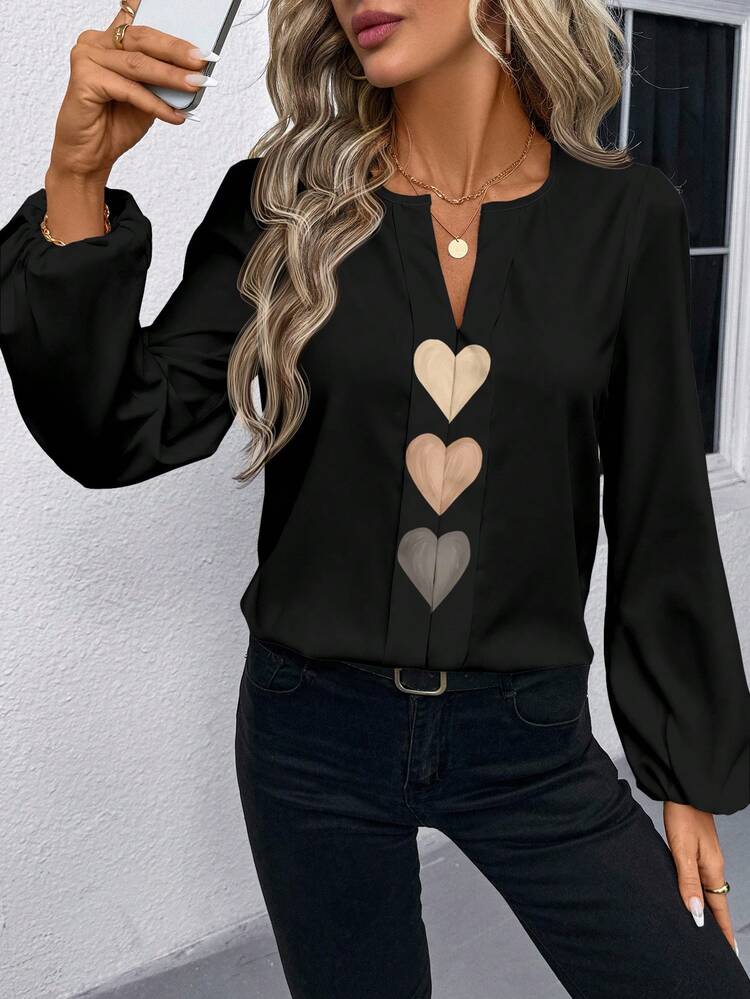 SHEIN LUNE Casual Minimalist Heart Print Pattern Women Shirt, Suitable For Spring/Autumn, Chic For Work Commute And Outings New Year Party,Casual - Multicolor - View 6
