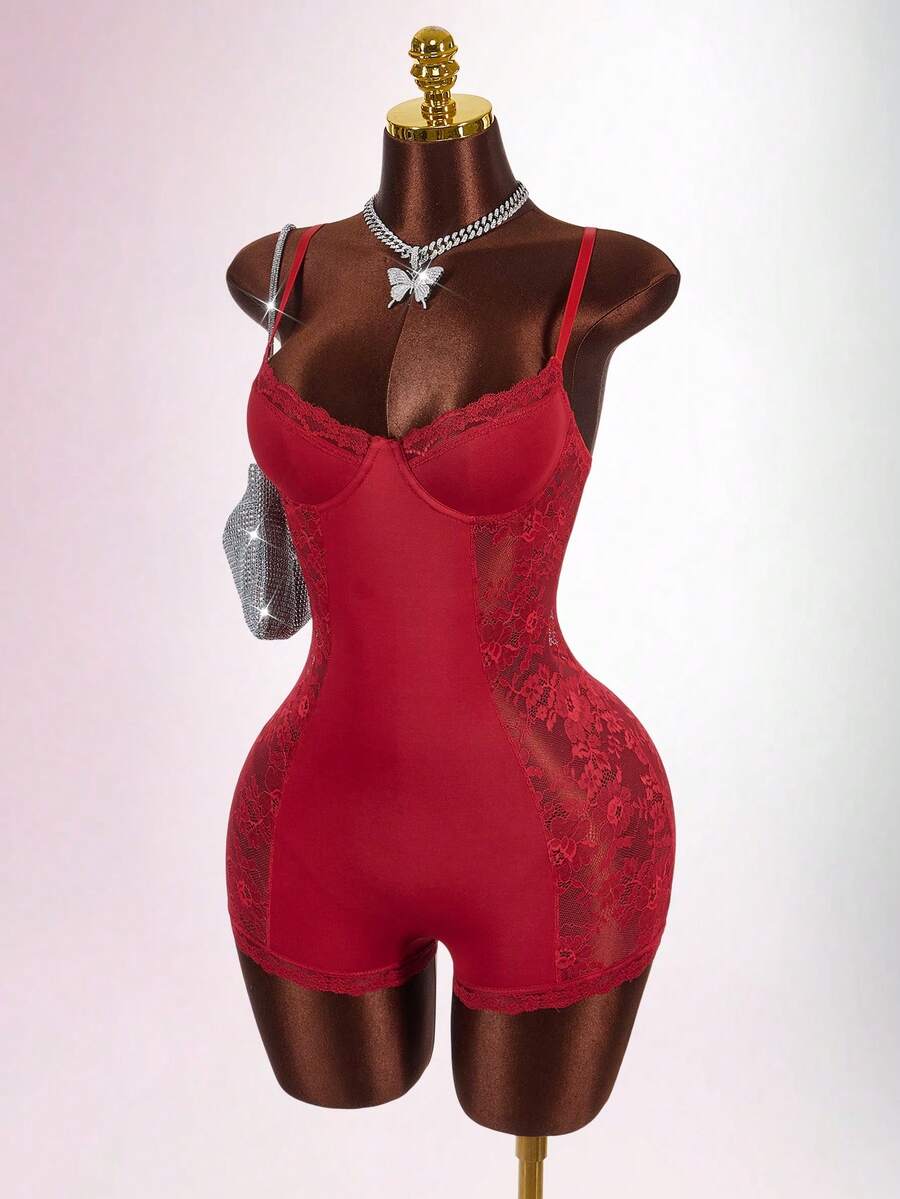 Amplova Bộ đồ liền thân màu trơn phối ren tương phản quyến rũ ôm eo dành cho nữ - Màu Đỏ Sâu - Xem 1