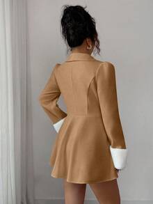 Elenzga 女士貂皮翻领袖口腰部 A 字型优雅日常通勤厚羊毛大衣 - 卡其色 - 查看 2