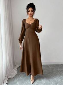 Elenzga Robe longue élégante pour femmes avec encolure carrée, manches bouffantes et taille cintrée. Convient pour les déplacements quotidiens - Marron fonçé - Voir 6