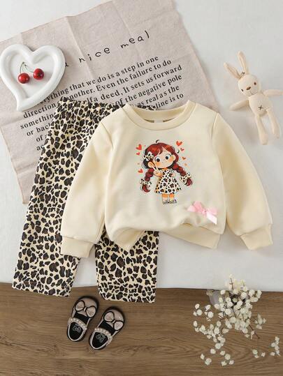 SHEIN 2-5Y Baby GirlCute Girl Print Apricot Casual Long Sleeve Sweatshirt + Fashionable Leopard Wide Leg Pants 2pcs Set, Autumn/Winter