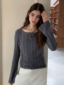 Dazy Kids Teen Girl Solid Color Round Neck Drawstring Flare Sleeve Fitted T-Shirt - Grey - View 4
