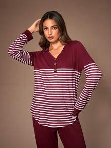 Lazeform Set de lenjerie intimă casual pentru femei, cu dungi, contrastant, cu blocuri de culoare, cu decolteu în V, mânecă lungă