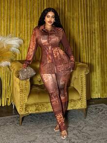 Slaydiva Bộ trang phục nữ Thu/Đông mới về, áo dài tay in họa tiết trừu tượng màu nâu và quần ống ôm xẻ tà, set 2 món. - màu nâu - Xem 13