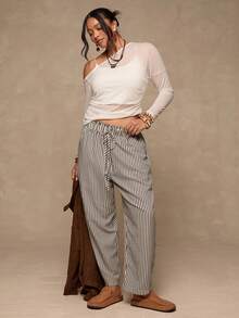 Freevana 大码休闲条纹休闲裤，百搭舒适，居家和度假皆宜 - 彩色 - 查看 7