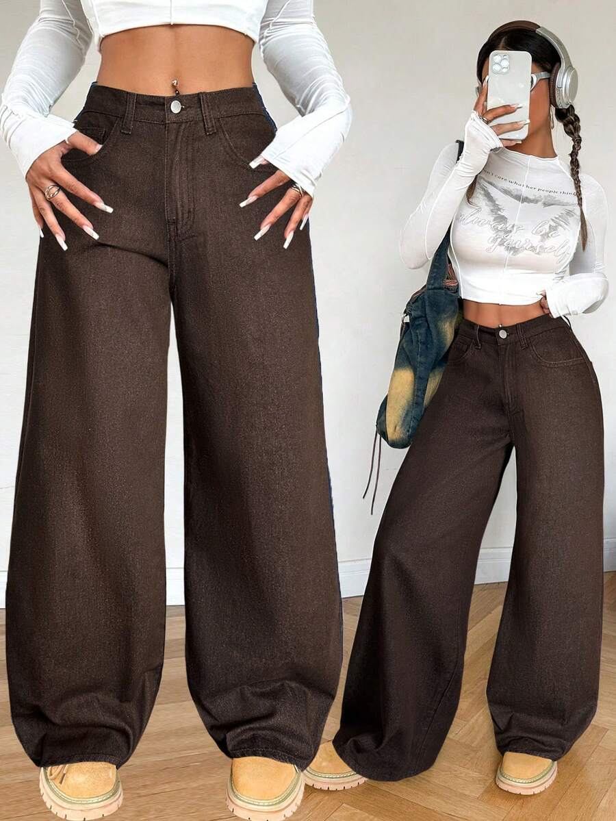 SHEIN PETITE 女士休闲宽松阔腿蓝色牛仔裤、复古牛仔裤、海军蓝牛仔裤、秋季女装、冬季女裤、蓝色返校节牛仔裤、女式喇叭裤 - 棕色 - 查看 1