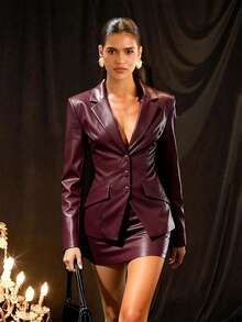 Glamine Bộ đồ thời trang thanh lịch, trang phục công sở thường ngày, áo khoác da PU cổ khoét ôm vừa vặn và chân váy bút chì màu đỏ tía dành cho nữ - Màu Đỏ Sâu - Xem 2