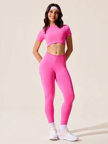 Core Rhythm Bộ đồ thể thao tay ngắn và quần định hình eo Dopamine cho nữ, quần áo tập gym màu hồng, đồ thể thao màu hồng, bộ đồ thể thao nữ màu hồng, vải thun - Hồng - Xem 6