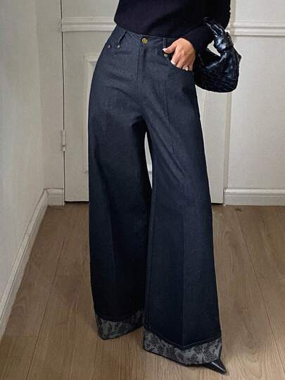 DAZY Women's Loose Wide Leg Pants With Contrast Hem, Casual Autumn/Winter